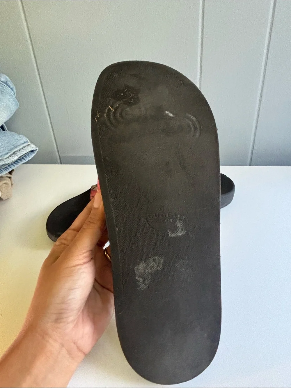 Gucci Black Slides with Pink Floral Monogram Strap